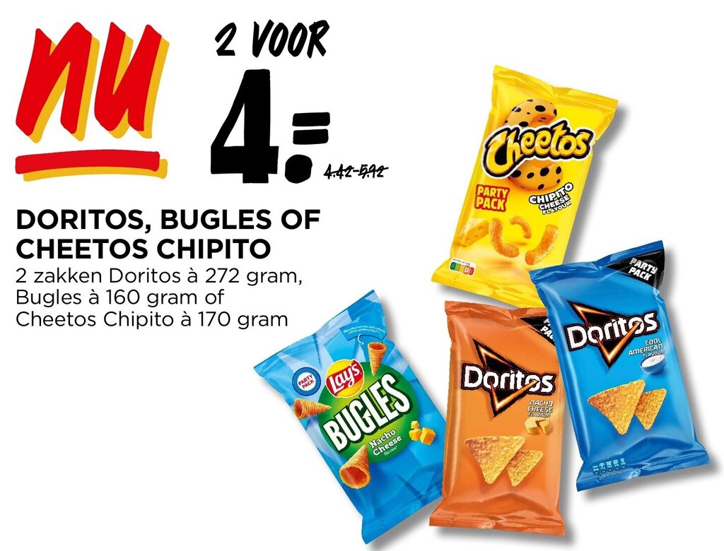 DORITOS, BUGLES OF CHEETOS CHIPITO aanbieding bij Jumbo