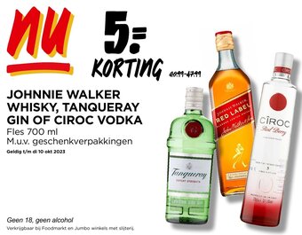 Jumbo JOHNNIE WALKER WHISKY, TANQUERAY GIN OF CIROC VODKA Fles 700 ml aanbieding