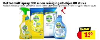 Kruidvat Dettol multispray 500 ml en reinigingsdoekjes 80 stuks aanbieding