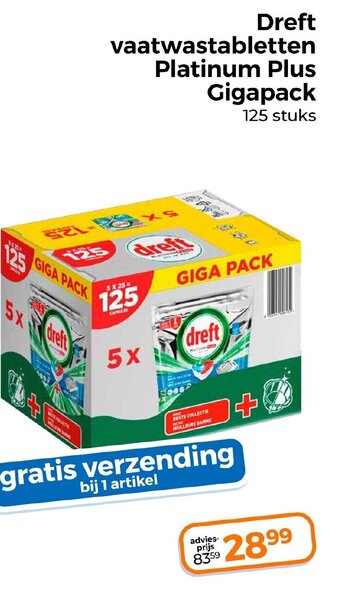 Trekpleister Dreft vaatwastabletten Platinum Plus Gigapack aanbieding