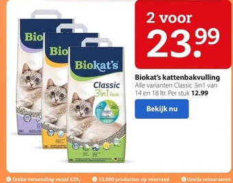 Boerenbond Biokat's kattenbakvulling alle varianten classic 3in1 van 14 en 18 ltr. aanbieding