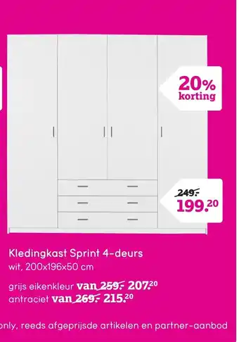 Leen Bakker Kledingkast Sprint 4-deurs grijs 200x196x50cm aanbieding