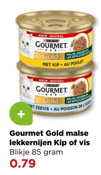 PLUS Gourmet gold malse lekkernijen kip of vis aanbieding