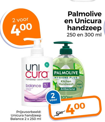 Trekpleister Palmolive en unicura handzeep aanbieding