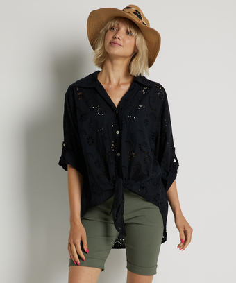 terStal Dames ajour blouse met knoop zwart in maat aanbieding