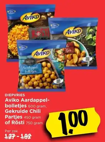 Vomar Voordeelmarkt Aviko aardappelbolletjes 600g, Gekruide Chili Partjes 450g of Rosti 750g aanbieding
