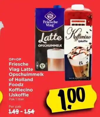 Vomar Voordeelmarkt Friesche Vlag Latte opschuimmelk of Holland Foodz Koffiecino IJskoffie 1L aanbieding