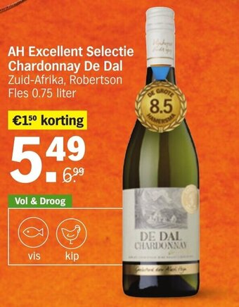 Albert Heijn AH Excellent Selectie Chardonnay De Dal ,Robertson Fles 0.75 liter aanbieding