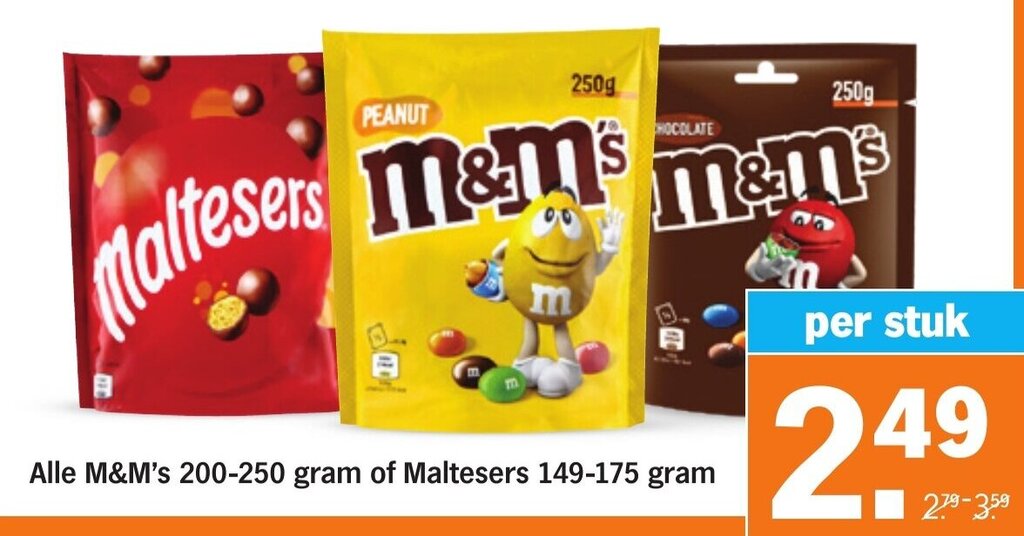 Albert Heijn Alle M&M's 200-250 gram of Maltesers 149-175 gram aanbieding