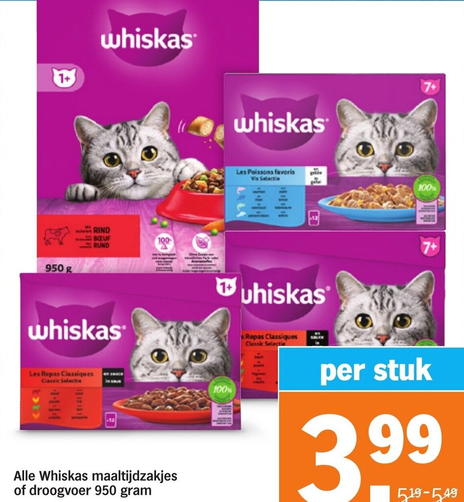 Alle Whiskas maaltijdzakjes of droogvoer 950 gram aanbieding bij Albert