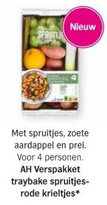 Albert Heijn Met spruitjes, zoete aardappel en prei. voor 4 personen. ah verspakket traybake spruitjes aanbieding