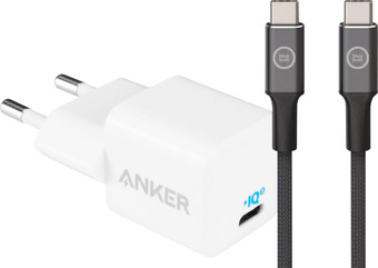 Coolblue Anker power delivery oplader 20w wit + bluebuilt usb c kabel 1,5m nylon zwart aanbieding