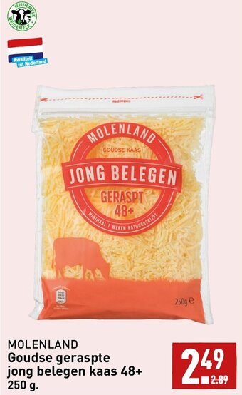 ALDI MOLENLAND Goudse geraspte jong belegen kaas 48+ 250g aanbieding