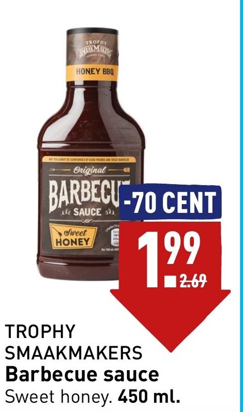 TROPHY SMAAKMAKERS Barbecue sauce Sweet honey. 450 ml aanbieding bij ALDI