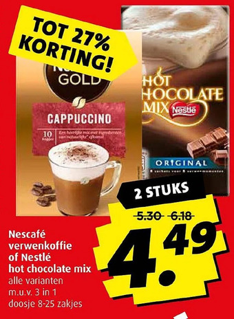 Boni Nescafé verwenkoffie of nestlé hot chocolate mix aanbieding