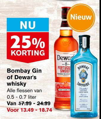 Hoogvliet Bombay gin of dewar's whisky aanbieding