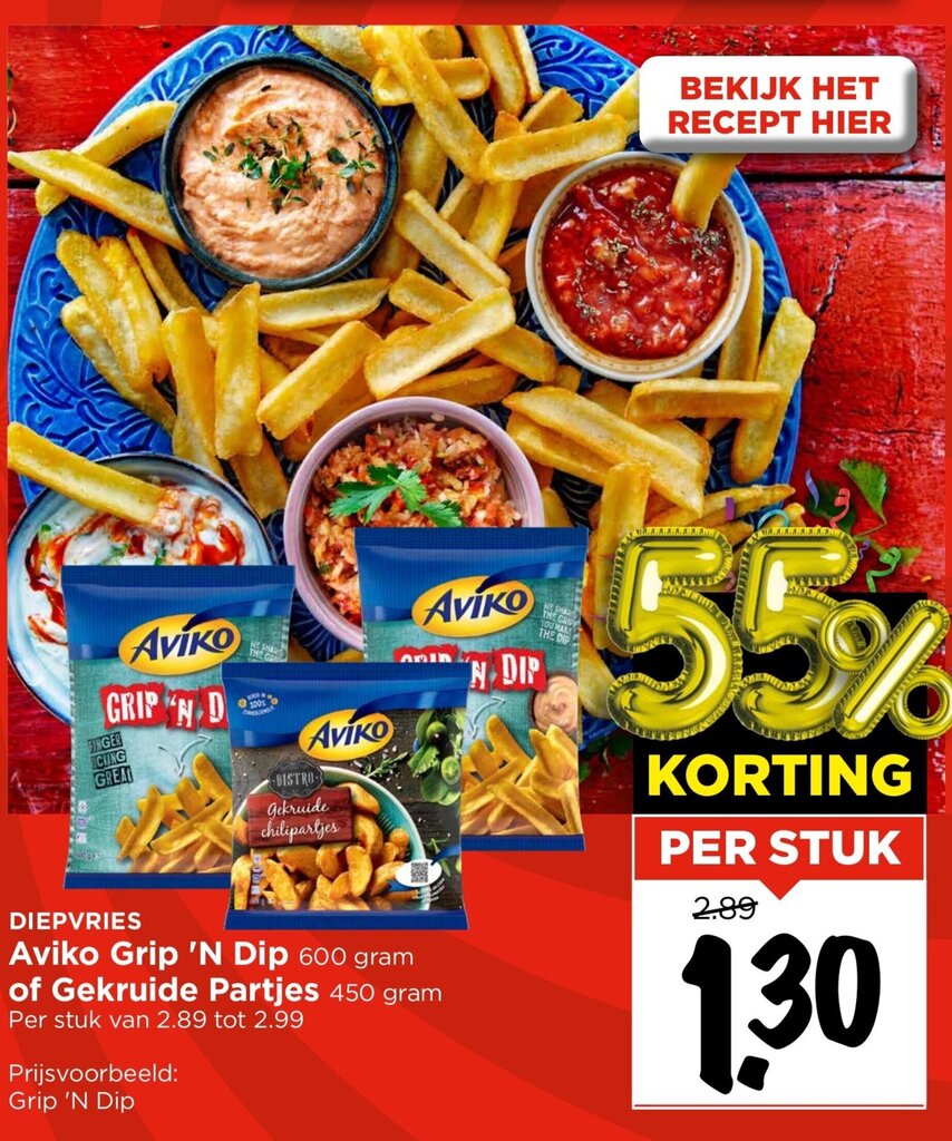 Aviko Grip 'N Dip 600 gram of Gekruide Partjes 450 gram aanbieding bij