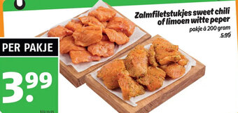 Poiesz Zalmfiletstukjes sweet chili of limoen witte peper pakje à 200 gram aanbieding