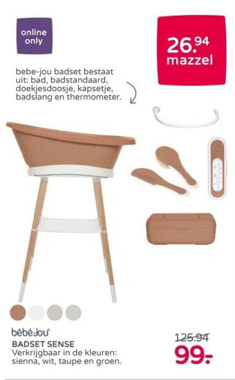 Prenatal Bébé-jou badset sense verkrijgbaar in de kleuren: sienna, wit, taupe en groen. aanbieding