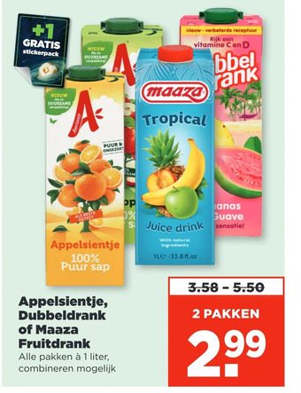 PLUS Appelsientje, dubbeldrank of maaza fruitdrank aanbieding