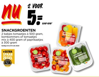 Jumbo SNACKGROENTEN 2 bakjes tomaatjes à 500 gram, komkommers of tomaatjes mix à 400 gram of paprikaatjes à 300 gram aanbieding