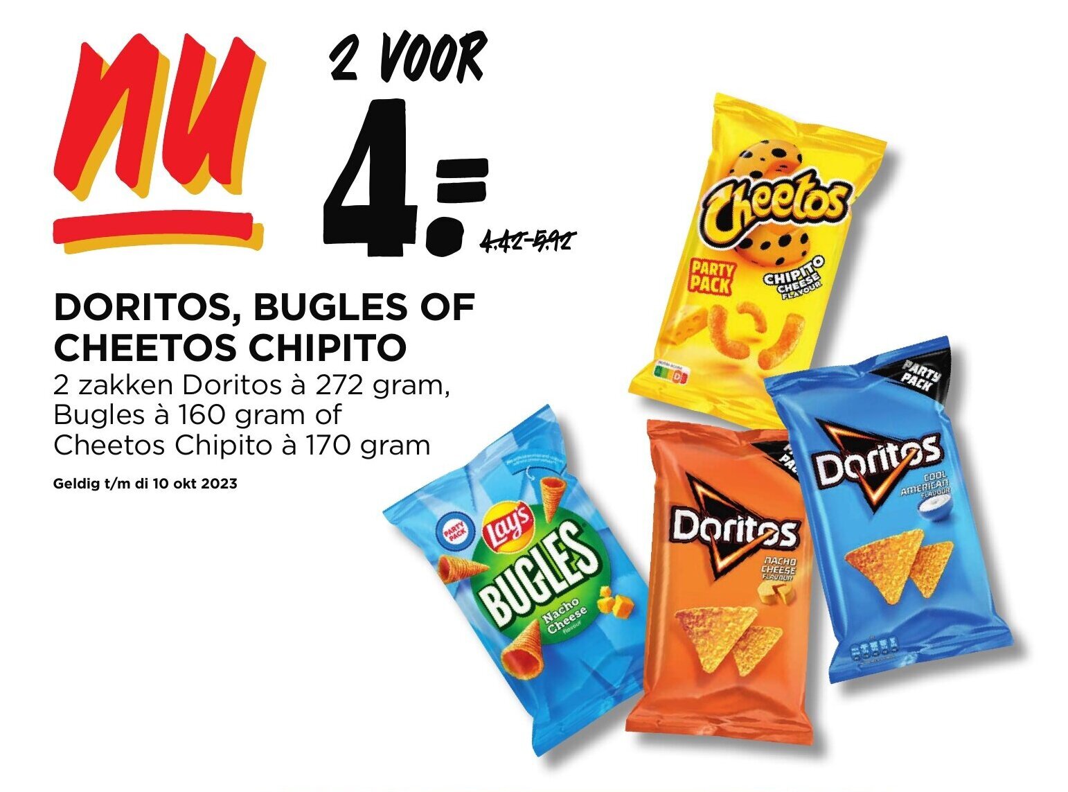 DORITOS 272 g, BUGLES 160 g OF CHEETOS CHIPITO 170 g aanbieding bij Jumbo