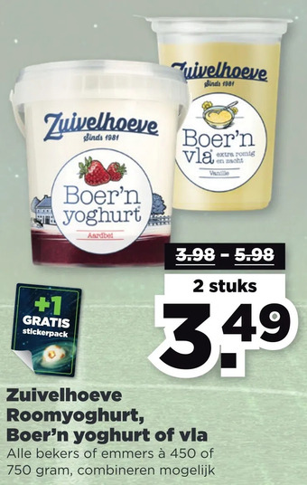 PLUS Zuivelhoeve roomyoghurt, boer'n yoghurt of vla aanbieding
