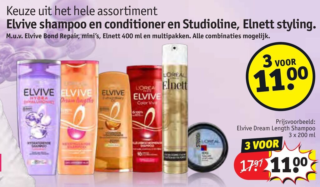 Keuze uit het hele assortiment Elvive shampoo en conditioner en