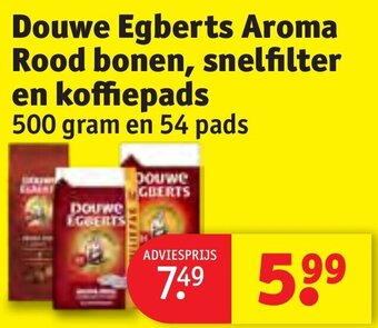 Kruidvat Douwe Egberts Aroma Rood bonen, snelfilter en koffiepads 500 gram en 54 pads aanbieding