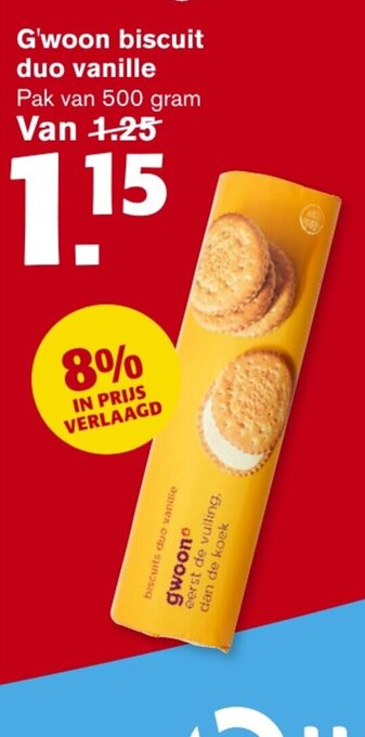 Hoogvliet G'woon biscuit duo vanille Pak van 500 gram aanbieding