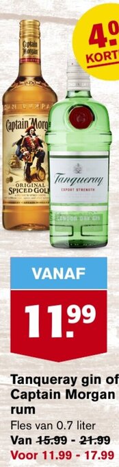 Hoogvliet Tanqueray gin of Captain Morgan rum 0.75 liter aanbieding
