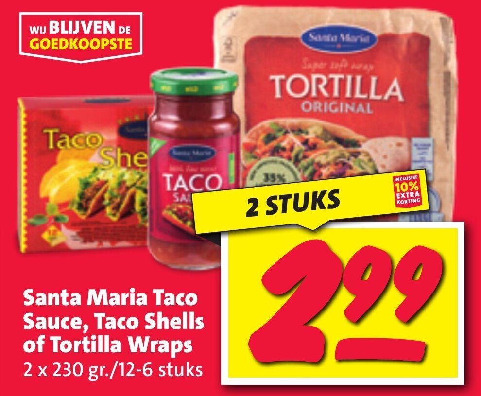 Nettorama Santa Maria Taco Sauce, Taco She 2 STUKS lls of Tortilla Wraps 2 x 230 gr/12-6 stuks aanbieding