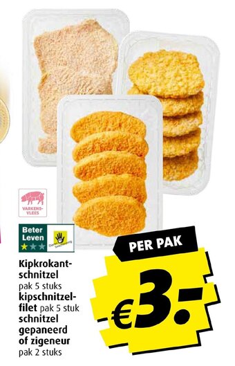 Boni Kipkrokant schnitzel 5 stuks, kipschnitzel filet 5 stuk, schnitzel gepaneerd of zigeneur 2 stuks aanbieding