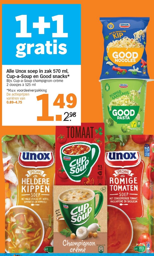 Albert Heijn Alle Unox soep in zak 570 ml, Cup-a-Soup en Good snacks aanbieding