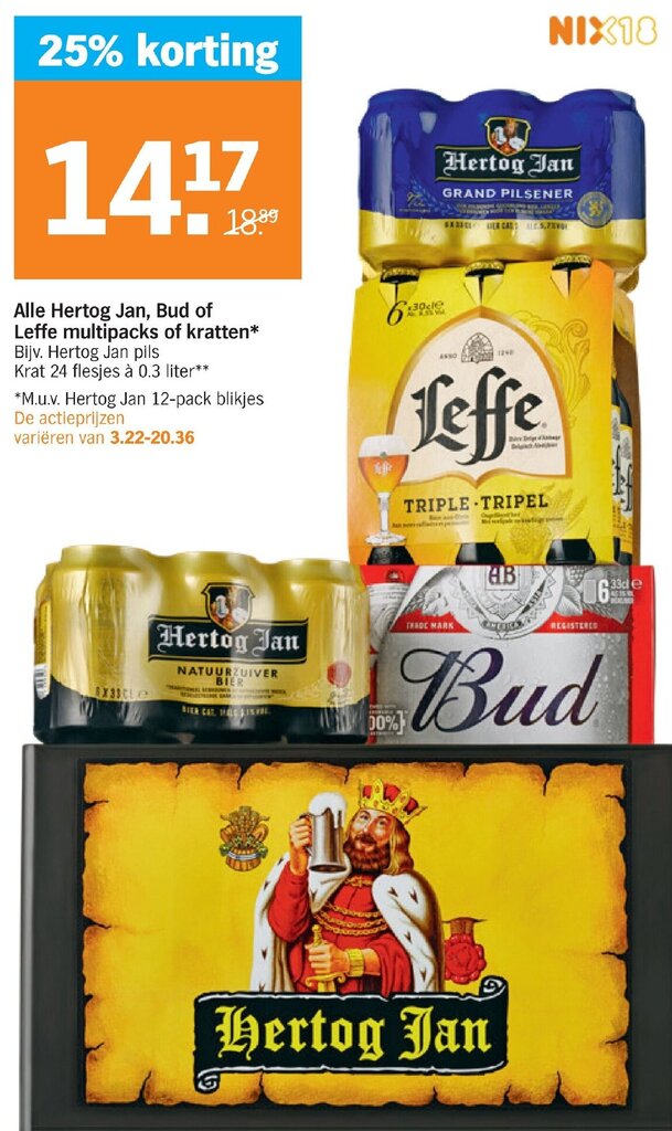 Albert Heijn Alle Hertog Jan, Bud of Leffe multipacks of kratten aanbieding