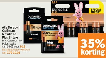 Albert Heijn Alle Duracell Optimum 6 stuks of Plus 8 stuks aanbieding