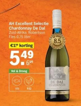 Albert Heijn Ah excellent selectie chardonnay de dal zuid-afrika, robertson fles 0.75 liter aanbieding
