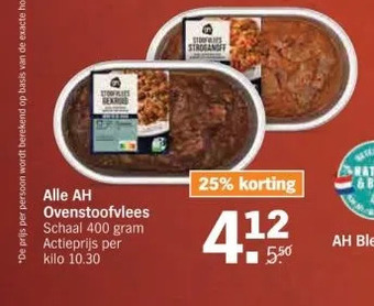 Albert Heijn Alle ah ovenstoofvlees schaal 400 gram actieprijs per kilo 10.30 aanbieding