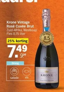 Albert Heijn Krone vintage rosé cuvée brut zuid-afrika, westkaap fles 0.75 liter aanbieding
