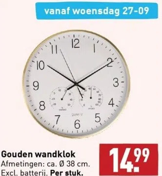 ALDI Gouden wandklok afmetingen: ca. ø 38 cm. excl. batterij. per stuk. aanbieding