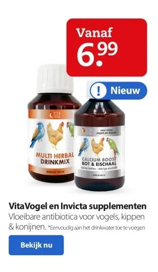 Boerenbond Vita vogel en invicta supplementen vloeibare antibiotica voor vogels, kippen & konijnen. *eenvoudig aan het drinkwater toe te aanbieding