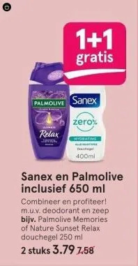 Etos Sanex en palmolive inclusief 650 ml combineer en profiteer! m.u.v. deodorant en zeep bijv. palmolive memories of nature sunse aanbieding