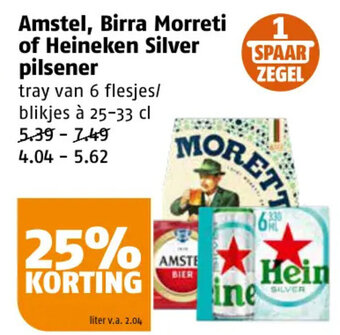 Poiesz Amstel, Birra Morreti of Heineken Silver pilsener 25/33 cl aanbieding