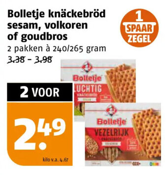 Poiesz Bolletje knäckebröd sesam, volkoren of goudbros 240/265 gram aanbieding