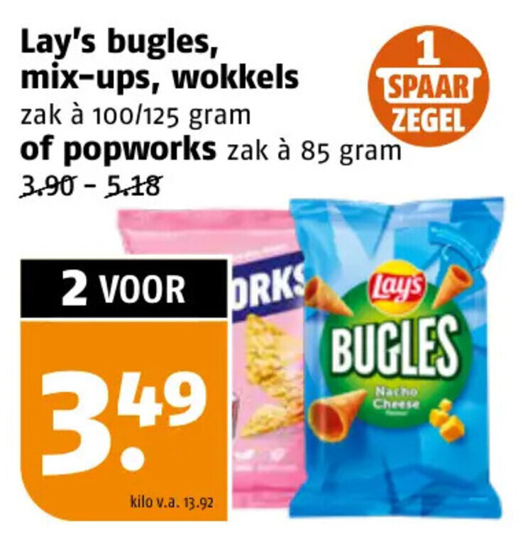 Lay's bugles, mixups, wokkels 100/125 gram of popworks 85 gram