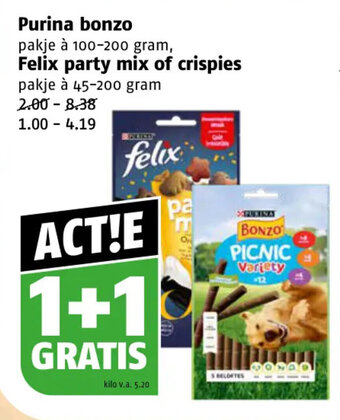 Poiesz Purina bonzo 100-200 gram, Felix party mix of crispies 42-200 gram aanbieding