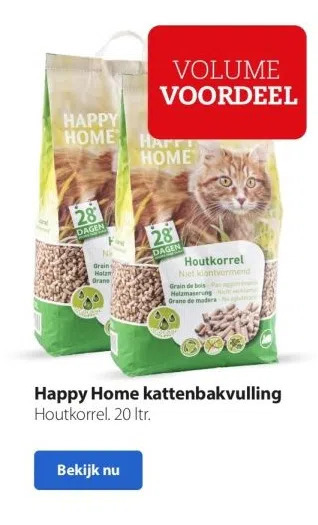 Pets Place Happy home kattenbakvulling houtkorrel. 20 ltr. aanbieding