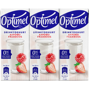 Jumbo Optimel langlekker drinkyoghurt aardbei framboos 0% vet 6 x 200ml aanbieding