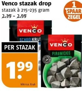 Poiesz Venco stazak drop stazak à 215-235 gram 2.39-2.59 aanbieding