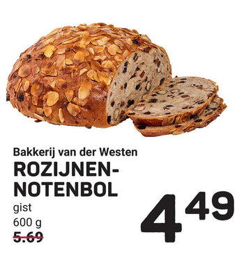 Ekoplaza Bakkerij van der Westen ROZIJNEN-NOTENBOL 600g aanbieding